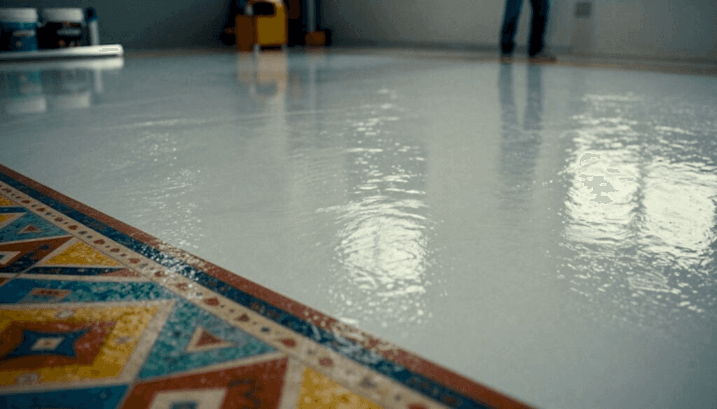 Epoksi zemin kaplamasının özelliklerini sergileyen, ışığı yansıtan pürüzsüz, parlak yüzey dokusunu vurgulayan son derece detaylı bir görüntü. Ön planda, canlı renkler ve karmaşık desenlere sahip bir epoksi zeminin yakın çekim bir bölümü yer almalıdır. Orta planda, zemin kaplamasının uygulama sürecini belirgin bir şekilde gösteren, bakım kolaylığını ve dayanıklılığını ortaya koyan boş alanlara sahip geniş bir endüstriyel ortam bulunmalıdır. Arka planda, epoksi döşeme için kullanılan alet ve malzemelere dair ince ipuçları bağlam oluşturur.