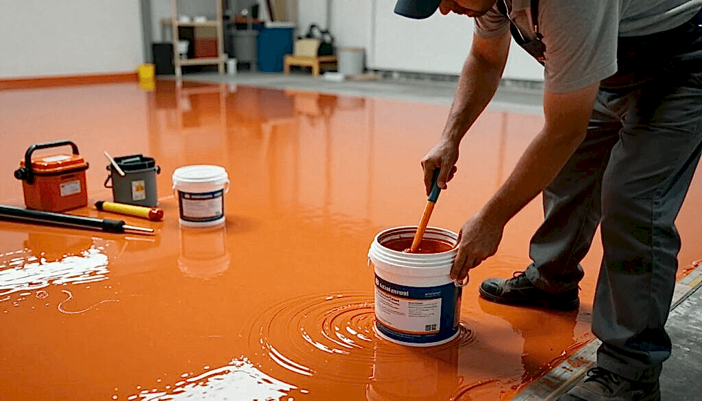 Ticari bir alanda epoksi zemin uygulama sürecinin ayrıntılı, yüksek çözünürlüklü bir görüntüsü. Ön planda, iş kıyafetleri giymiş profesyonel bir yüklenici, epoksi reçineyi karıştırarak malzemenin parlak dokusunu sergiliyor. Orta planda, kısmen tamamlanmış bir zemin yer alıyor ve epoksinin canlı ve pürüzsüz yüzeyini vurguluyor. Aletler ve güvenlik ekipmanları yakında düzenli bir şekilde yerleştirilmiş. Arka planda, doğal ve yapay aydınlatma ile aydınlatılmış endüstriyel bir ortam, çalışma alanını aydınlatarak epoksinin parlaklığını ön plana çıkarıyor. Ortam odaklanmış ve profesyonel, titiz bir uygulama sürecinin özünü yakalıyor.