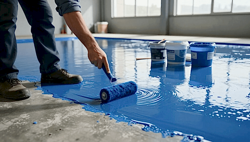 Parlak bir endüstriyel alanda, iş kıyafetleri giymiş profesyonel bir çalışan, epoksi zemin kaplamasını özenle uyguluyor. Ön planda, çalışanın ellerinin, pürüzsüz bir beton yüzeye canlı mavi bir epoksi yaymak için rulo fırça kullandığı yakın çekim görülüyor. Orta planda, kısmen kaplanmış zemin zengin dokuları ve renkleri sergilerken, karıştırılmış epoksi kovaları ve aletler düzenli bir şekilde yakınlarda sıralanmış durumda. Arka planda, geniş pencerelerden içeri giren doğal ışıkla aydınlanan çalışma alanının geniş alanı gösteriliyor. Sahne, sinematik bir açı ve yüksek dinamik aralıkla yakalanarak, epoksinin detaylı yansımalarını ve parlak yüzeyini vurguluyor.
