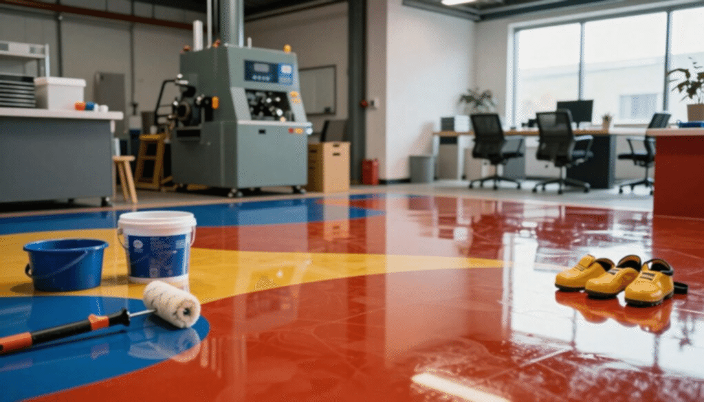 Parlak renklerdeki epoksi zemine sahip profesyonel bir çalışma alanı, çeşitli ortamlardaki uygulamalarını sergiliyor. Ön planda, karmaşık desenlere sahip temiz, yansıtıcı bir epoksi yüzey, rulo, karıştırma kovası ve düzenli bir şekilde yerleştirilmiş güvenlik ekipmanları gibi aletlerle tezat oluşturuyor. Orta planda, dayanıklılık ve işlevselliği vurgulayan makine ve depolama alanlarının bulunduğu endüstriyel bir alan öne çıkarılıyor. Arka planda ise, şık mobilyalar ve doğal ışığın alanı aydınlatmasını sağlayan büyük pencerelerle modern bir ofis alanı, epoksi zemin kaplamasının estetik çekiciliğini gösteriyor.