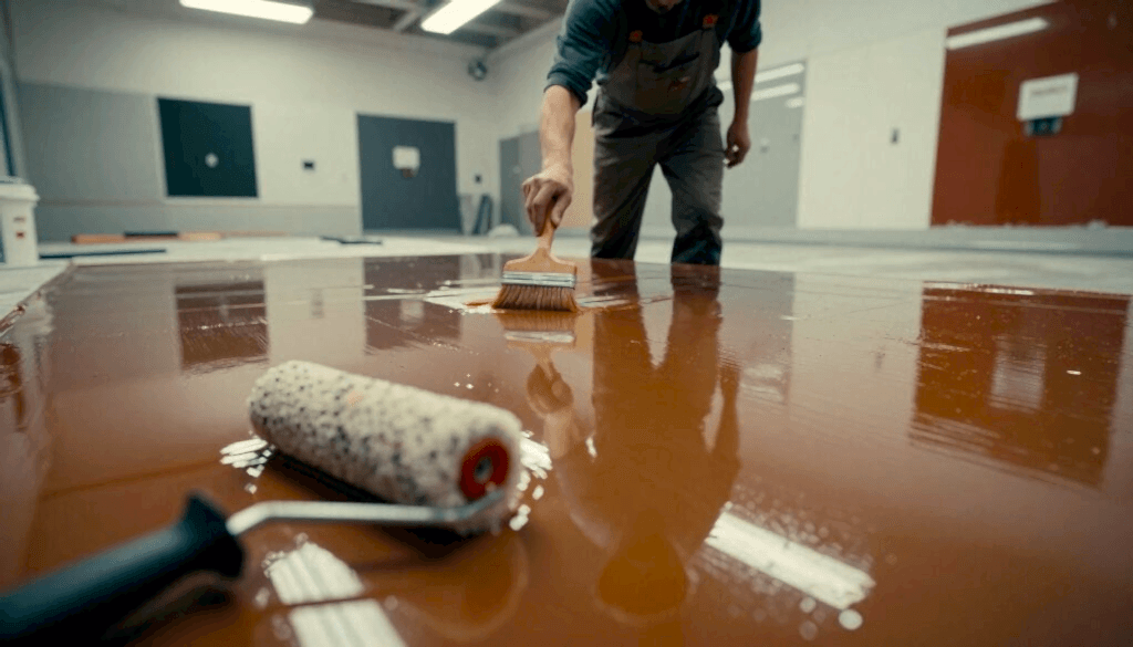 Yeni uygulanmış epoksi zemin kaplamasının yakın çekim görüntüsü, karmaşık yansımalar ve renk varyasyonlarıyla pürüzsüz, parlak bir yüzeyi sergiliyor. Ön planda, uygulama için kullanılan aletlerle birlikte bir boya rulosu yer alıyor ve epoksinin dokusunu vurguluyor. Orta planda, profesyonel kıyafetler giymiş yetenekli bir işçi, parlak tepe ışıkları altında, epoksiyi fırçayla dikkatlice uyguluyor ve hassasiyet ve tekniği sergiliyor. Arka planda, geniş bir endüstriyel veya ticari alanın kısmen tamamlanmış bölümleri yer alıyor ve düz renkler ve benekli desenler gibi çeşitli epoksi kaplamaları sergiliyor. Atmosfer temiz ve profesyonel, işçilik ve kalite hissi uyandırıyor.