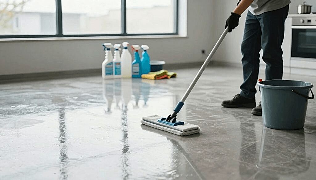 
812 / 5.000
Parlak epoksi zeminin ışığı yansıtarak dayanıklılığını ve kusursuz durumunu vurguladığı, temiz ve modern bir alan. Ön planda, mütevazı giysiler içindeki profesyonel bir temizlikçi, yüksek kaliteli bir paspas ve kova kullanarak etkili temizlik tekniklerini gösteriyor. Orta planda, spreyler ve bezler de dahil olmak üzere düzenli bir şekilde organize edilmiş çeşitli temizlik malzemeleri, bakıma sistematik bir yaklaşımı sergiliyor. Arka planda, büyük pencereler alanı doğal ışıkla doldurarak aydınlık ve davetkar bir atmosfer yaratıyor. Aydınlatma yumuşak ancak odaklı olup, zeminin ve temizlik malzemelerinin dokularını vurguluyor. Genel hava taze ve ilham verici olup, epoksi zeminlerin ömrünü uzatmak için etkili temizlik yöntemlerini gösteriyor.