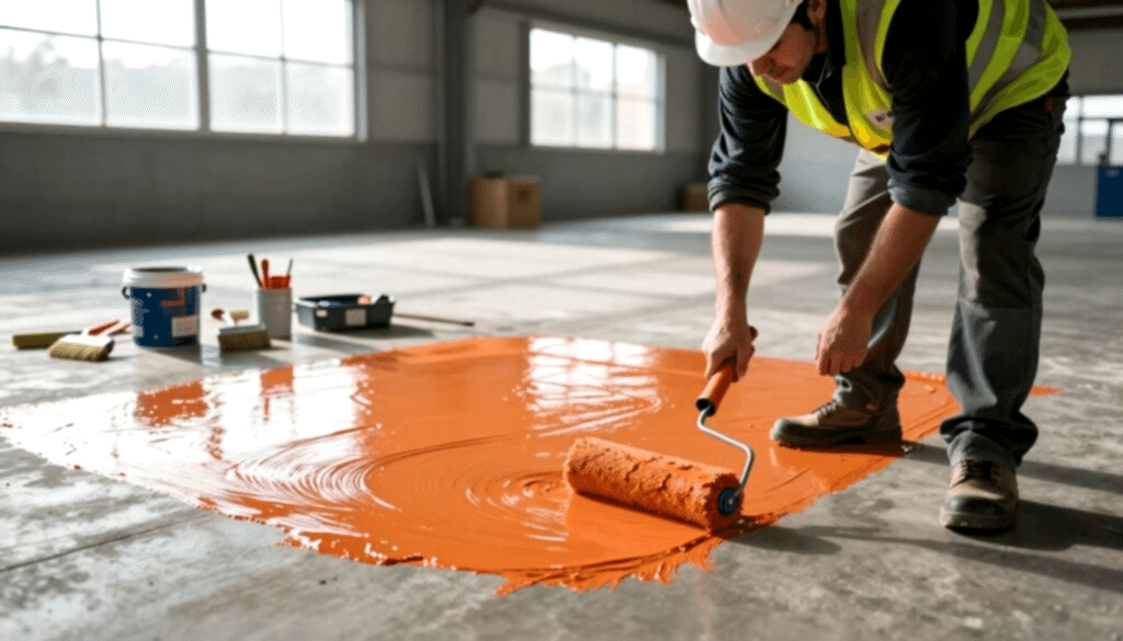 Modern bir endüstriyel ortamda, profesyonel bir yüklenici beton zemine astar uyguluyor ve epoksi zemin kaplamasında astarlama işleminin önemini gösteriyor. Ön planda, baret ve güvenlik yeleği giymiş yüklenicinin, zemine parlak ve canlı bir astarı rulo ile yaydığı görülüyor. Orta planda, fırçalar ve boya kapları gibi çeşitli aletler sergilenirken, arka planda geniş pencerelerden içeri süzülen doğal ışıkla aydınlanan ve yumuşak gölgeler oluşturan geniş bir depo yer alıyor. Atmosfer dinamik ve odaklanmış olup, dayanıklılık için yüzey hazırlığının titizliğini vurguluyor.