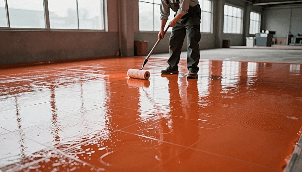 Seramik karolar üzerine yeni uygulanmış epoksi zemine sahip modern bir endüstriyel alan. Ön planda, epoksinin canlı renkleri yumuşak, sinematik aydınlatma altında parıldayarak pürüzsüz, parlak yüzeyi sergiliyor. Alttaki karolar net bir şekilde görülebiliyor ve karmaşık desenler ve dokular sergiliyor. Orta planda, iş kıyafetleri giymiş profesyonel bir çalışan, epoksiyi rulo ile dikkatlice uygularken, uygulama sürecini gösteriyor. Arka planda, doğal ışığın içeriye dolmasını sağlayan büyük pencerelerle aydınlık, havadar bir ortam görülüyor ve bu da zemin detaylarını vurguluyor. Genel atmosfer canlı, temizliği ve profesyonelliği vurguluyor ve epoksi zemin kaplamasının dayanıklılığına ve modern estetiğine odaklanıyor.