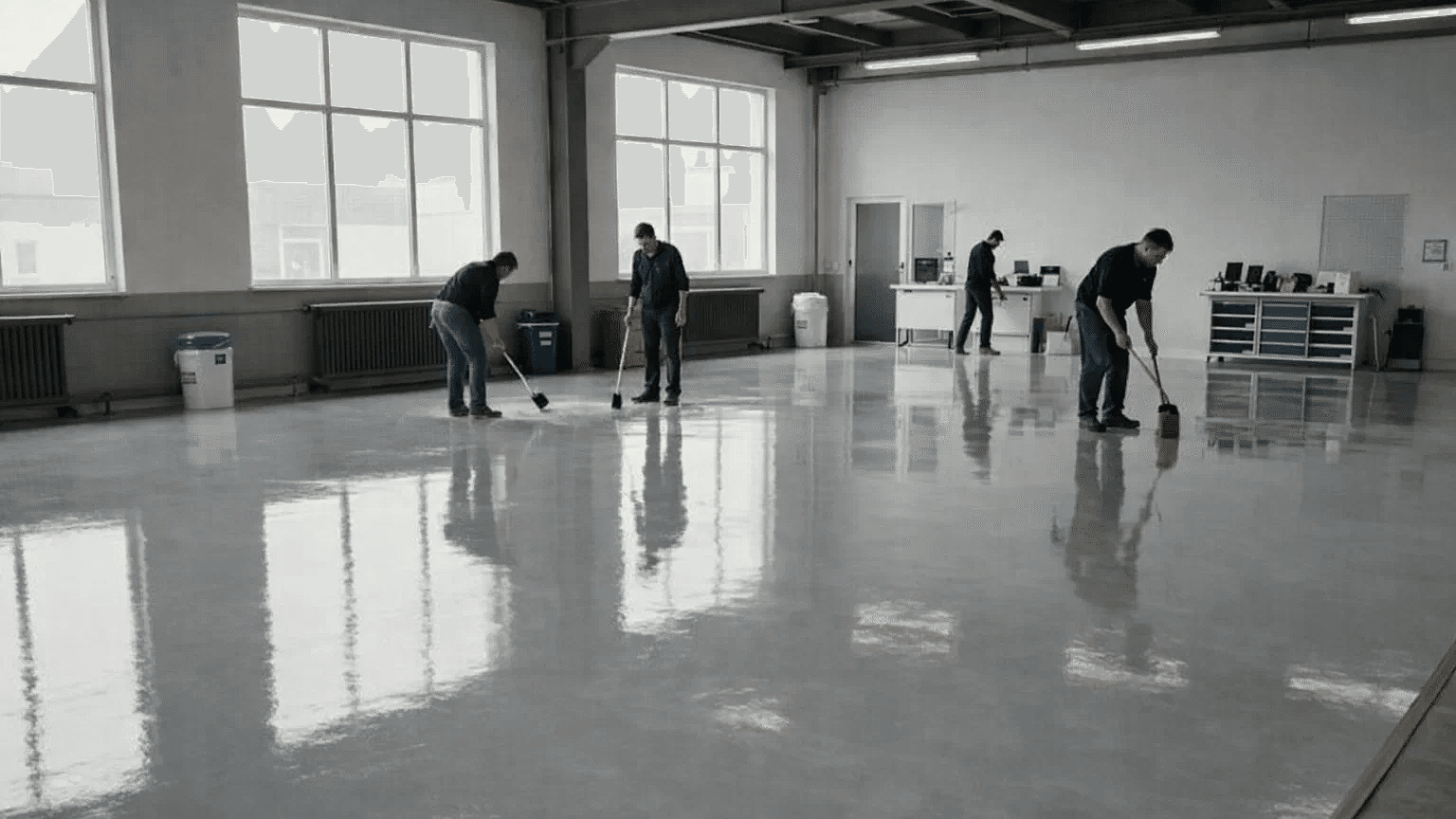 Geniş bir odada epoksi zemin kaplama uygulamasını sergileyen modern bir endüstriyel çalışma alanı. Ön planda, büyük pencerelerden yansıyan ışıkla aydınlanan, sade renkler ve desensiz, parlak bir epoksi zemin gösteriliyor. Orta planda, profesyonel iş kıyafetleri giymiş işçiler, aletler ve güvenlik ekipmanları kullanarak epoksiyi hassasiyetle uyguluyorlar. Arka planda, ekipman ve malzemelerin düzenli bir şekilde organize edildiği temiz, iyi aydınlatılmış bir atölye görülüyor.